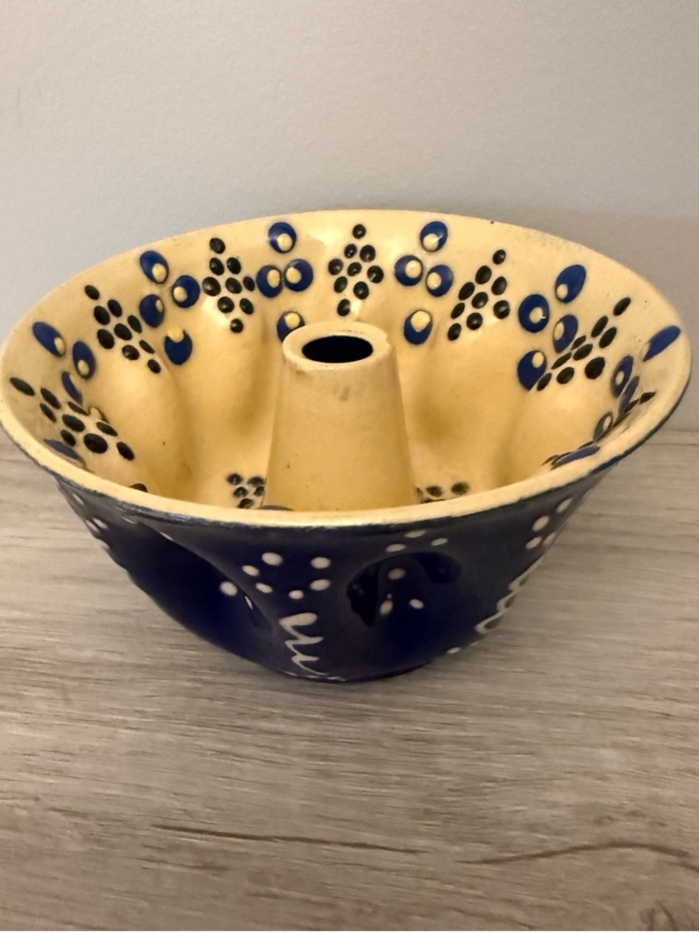 Vintage Hand-Painted Ceramic Bundt Mold in Blue and Cream